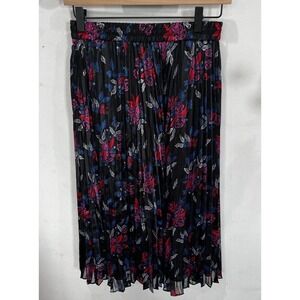 halogen black pink floral pleated a-line midi skirt XS